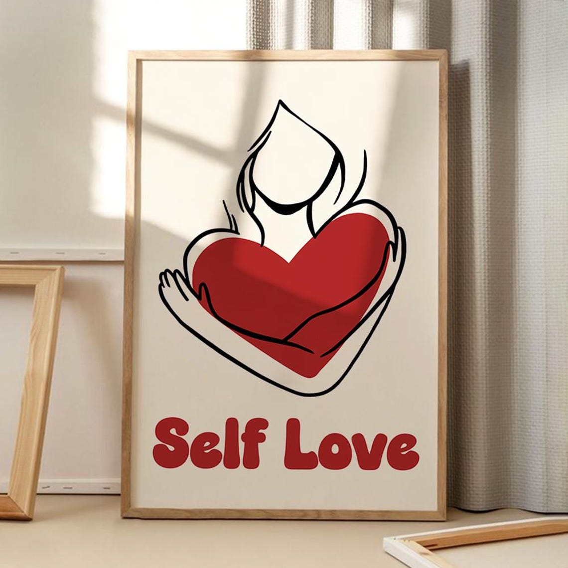 Self Love Red Heart Hug Line Art Retro Inspirational Quote Poster
