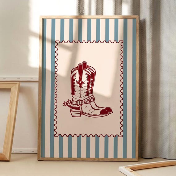Striped Cowboy Boots Art Poster Trendy Wall Girls Decor Retro Home Print Printed Gift