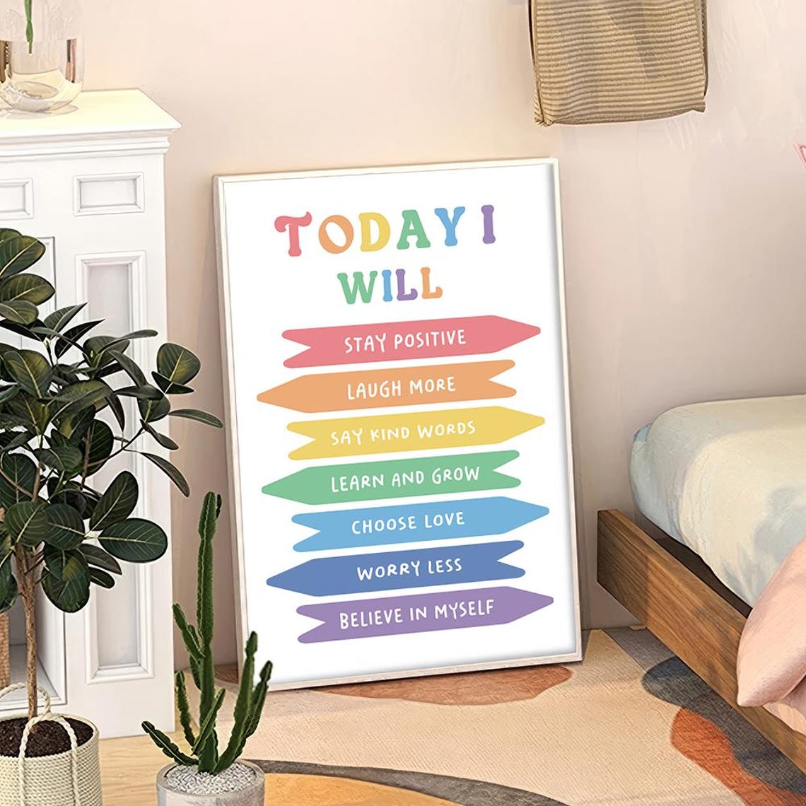 Today I Will Kids Daily Affirmations Rainbow Pencil List Quote Poster