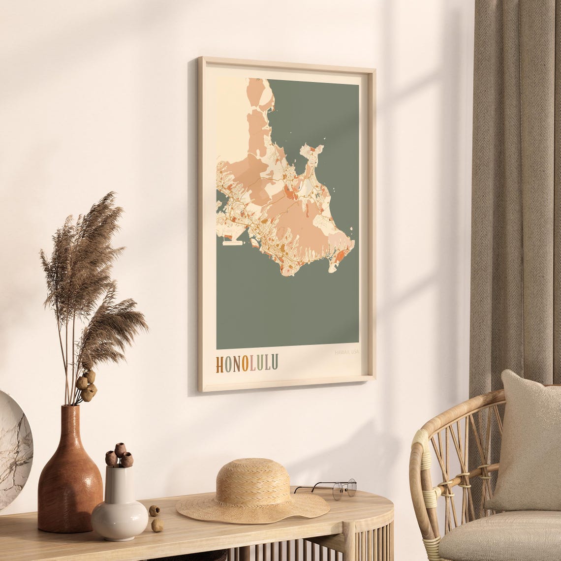 Honolulu Hawaii Colorful Retro Island Map Poster Boho Wall Decor - Image 3