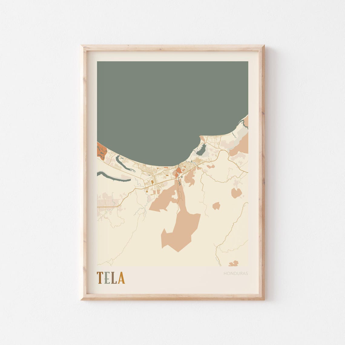 Tela Honduras Coastal City Map Sage Green Boho Travel Poster
