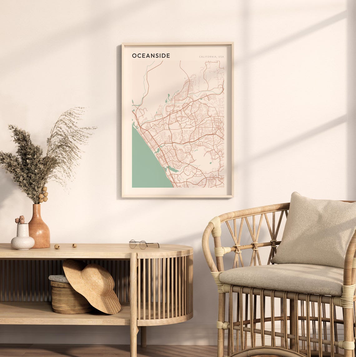 Oceanside California Minimalist Street Map Poster in Blush and Sage - Image 2