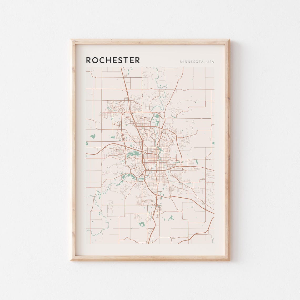 Rochester Minnesota Minimalist Copper Line Art Street Map Poster