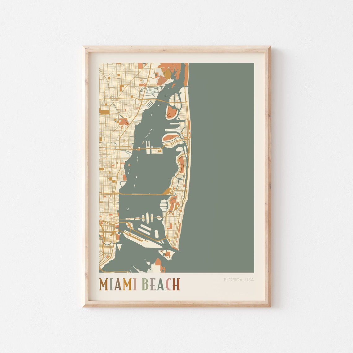 Miami Beach Florida City Map Poster Warm Retro Street Map Home Decor
