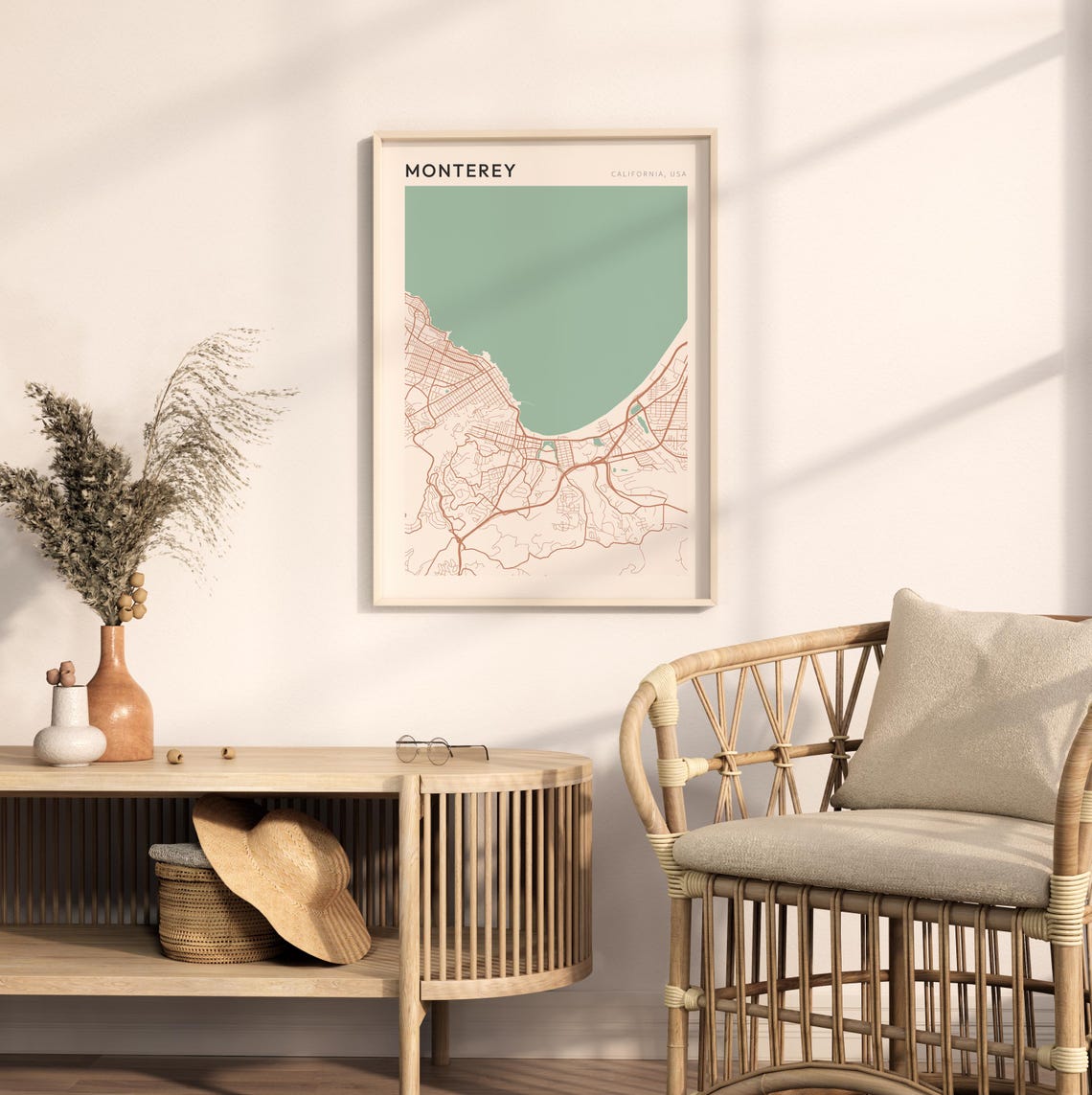 Monterey California Minimalist Street Map Poster in Blush and Sage - Image 2