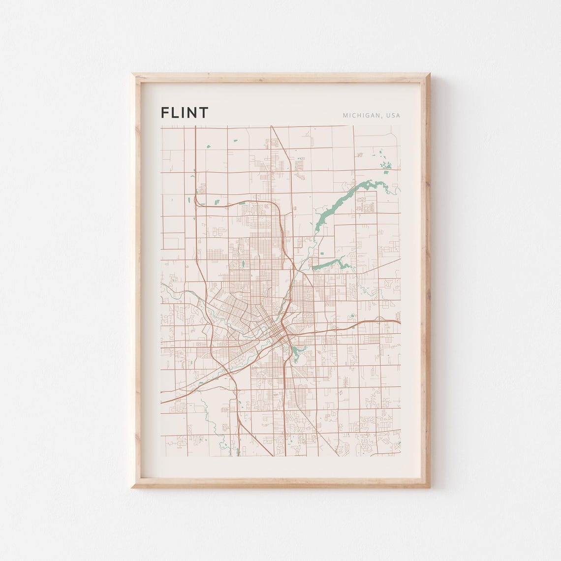 Flint Michigan USA Minimalist Sage Green City Street Map Poster