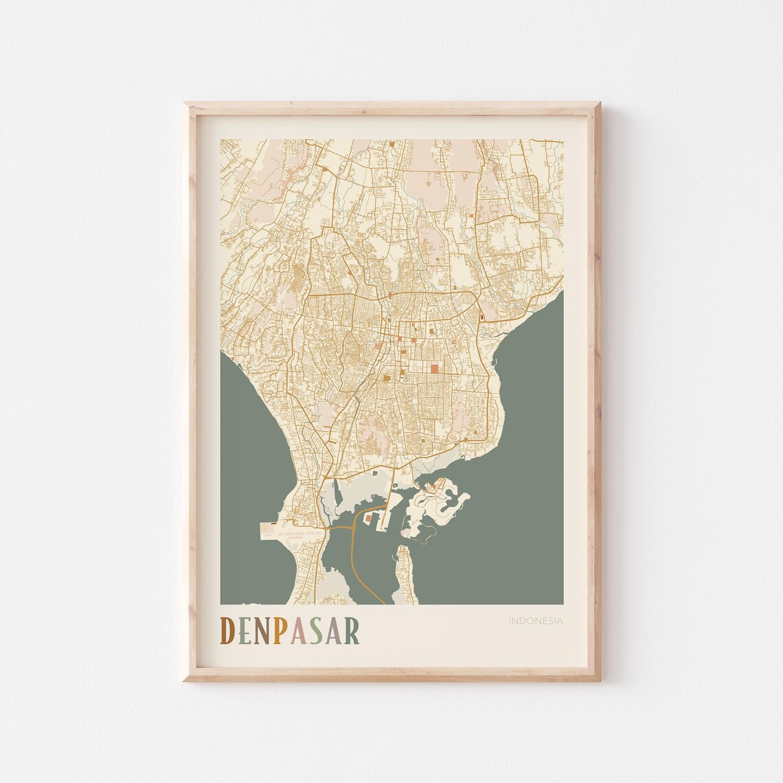 Denpasar Map Poster Print Wall Art Indonesia Travel Gift Boho