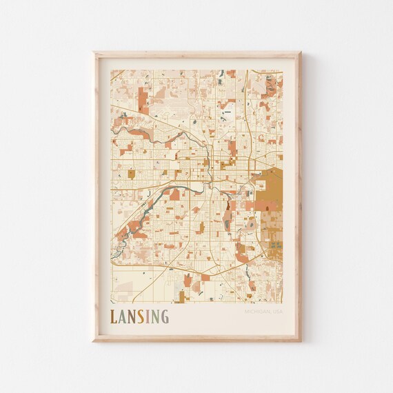 Lansing Michigan USA Warm Terracotta Retro City Street Map Poster