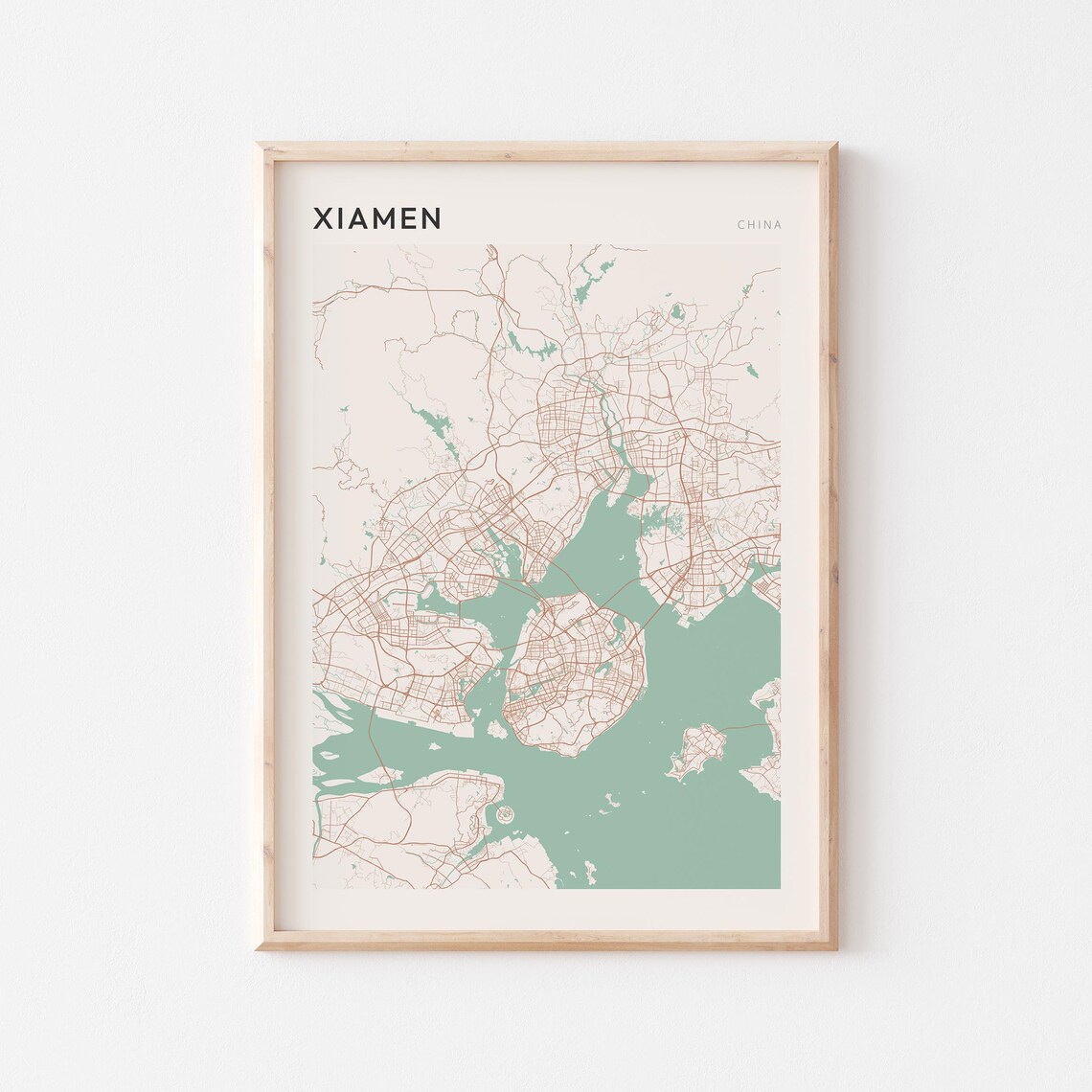 Xiamen China Map Minimalist Sage Green Street Plan Coastal Travel Poster
