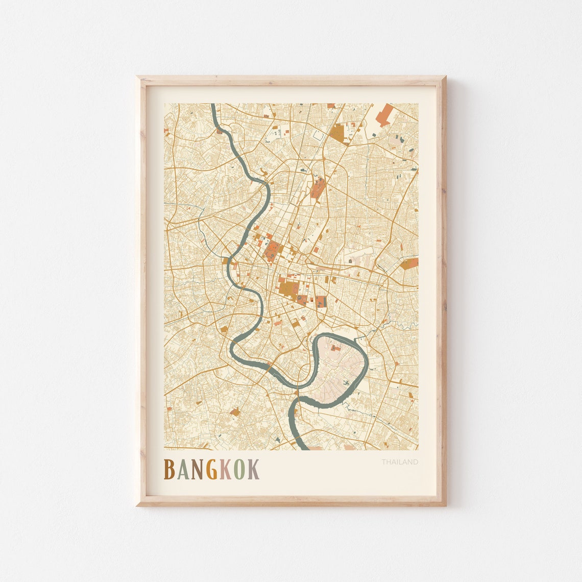 Bangkok Thailand City Map Boho Cream Minimalist Wall Decor Poster