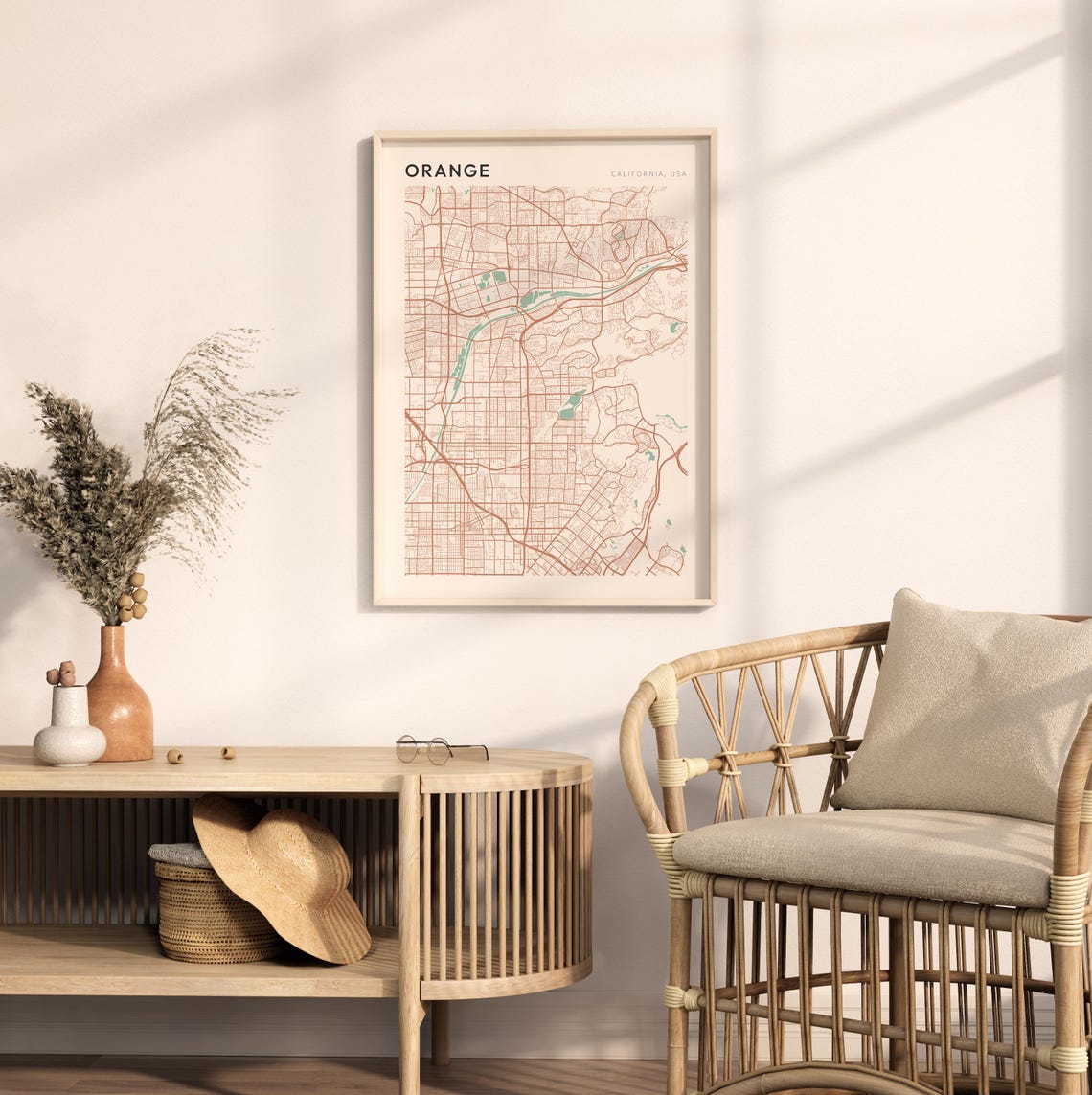 Orange California Minimalist Street Map Poster in Blush and Sage - Image 2