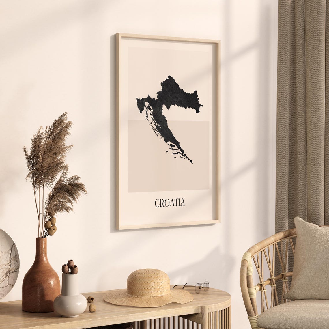 Croatia Country Map Silhouette Minimalist Black Beige Art Poster - Image 3