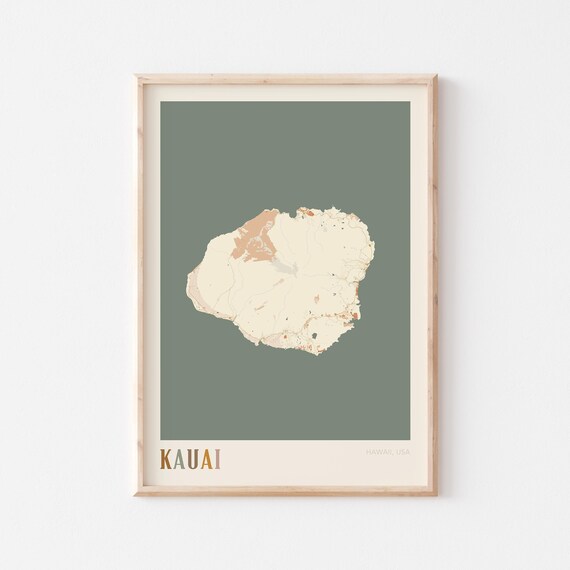 Kauai Hawaii Colorful Retro Island Map Poster Boho Wall Decor