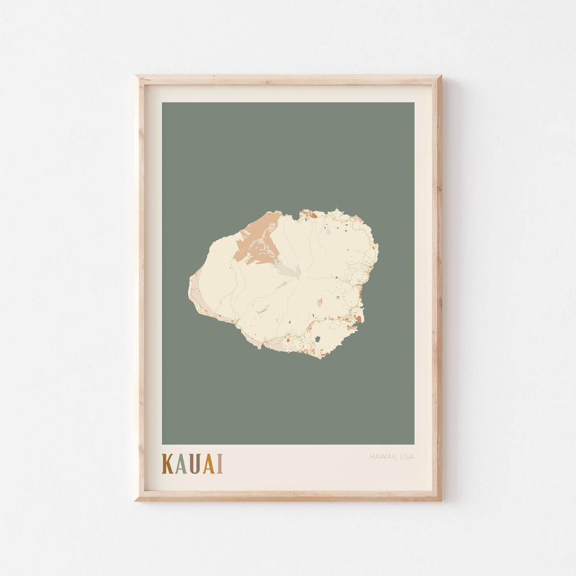 Kauai Hawaii Colorful Retro Island Map Poster Boho Wall Decor