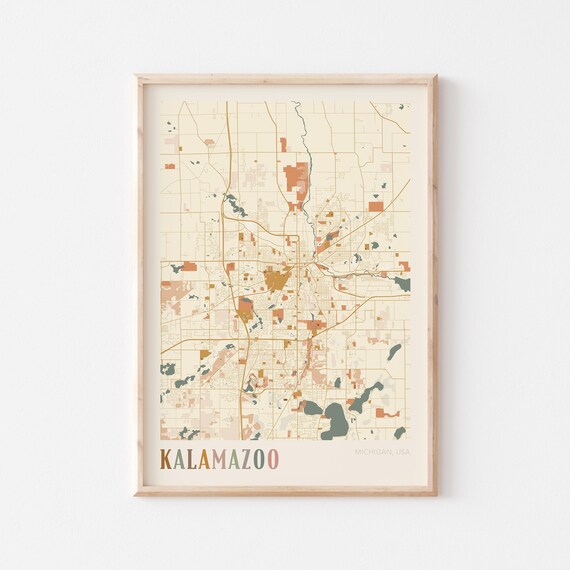 Kalamazoo Michigan Vintage Style Warm Tone City Street Map Poster