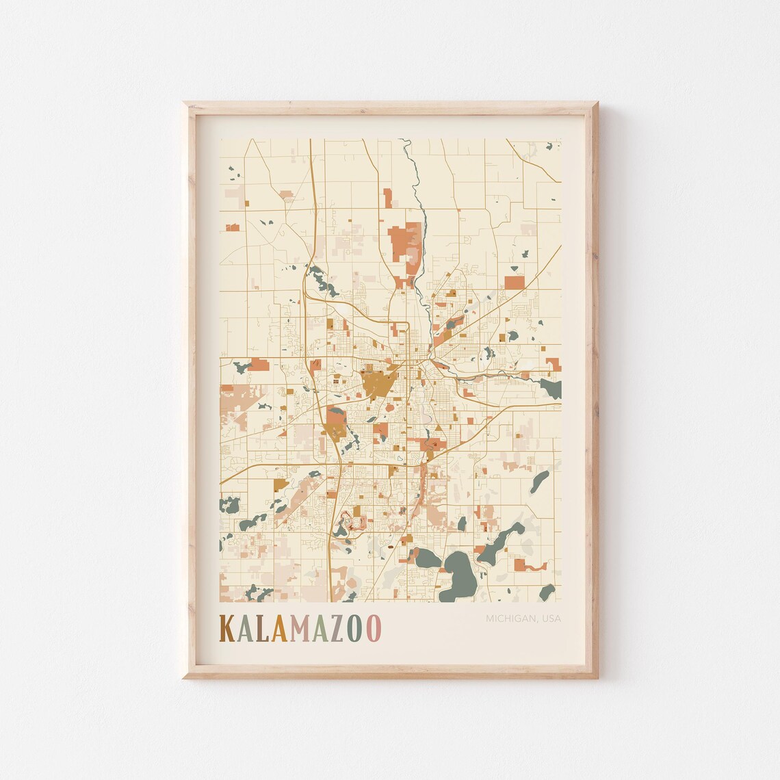 Kalamazoo Michigan Vintage Style Warm Tone City Street Map Poster