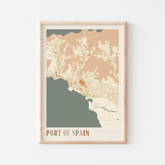 Port Of Spain Map Poster Print Wall Art Trinidad And Tobago Travel Gift Boho