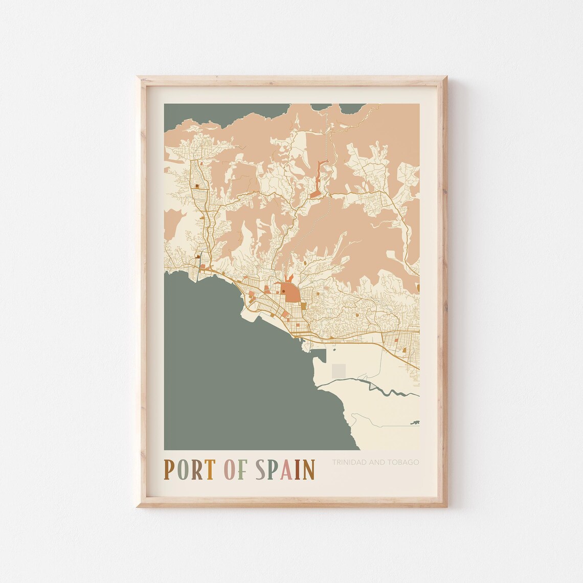 Port of Spain Trinidad and Tobago Map Poster Boho Colors Travel Gift Art
