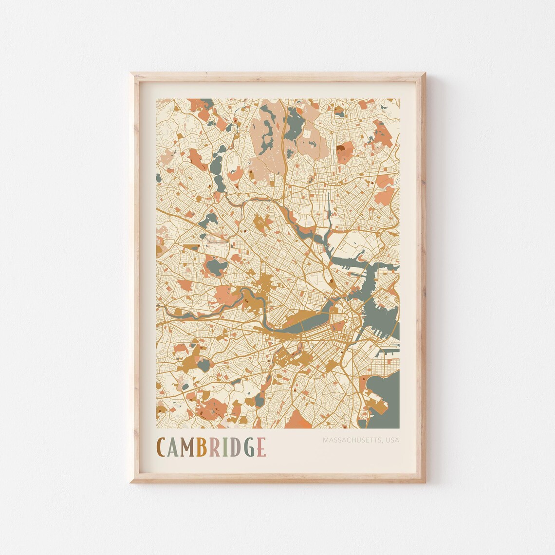Cambridge Massachusetts Modern Terracotta City Street Map Art Poster