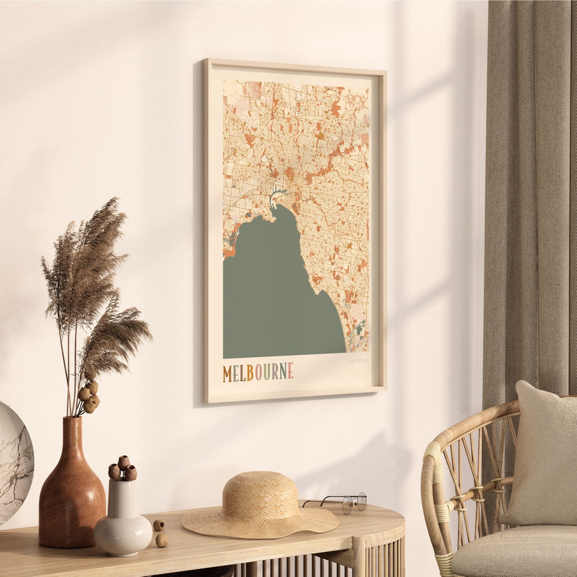 Melbourne Australia City Map Boho Cream Minimalist Wall Decor Poster - Image 3