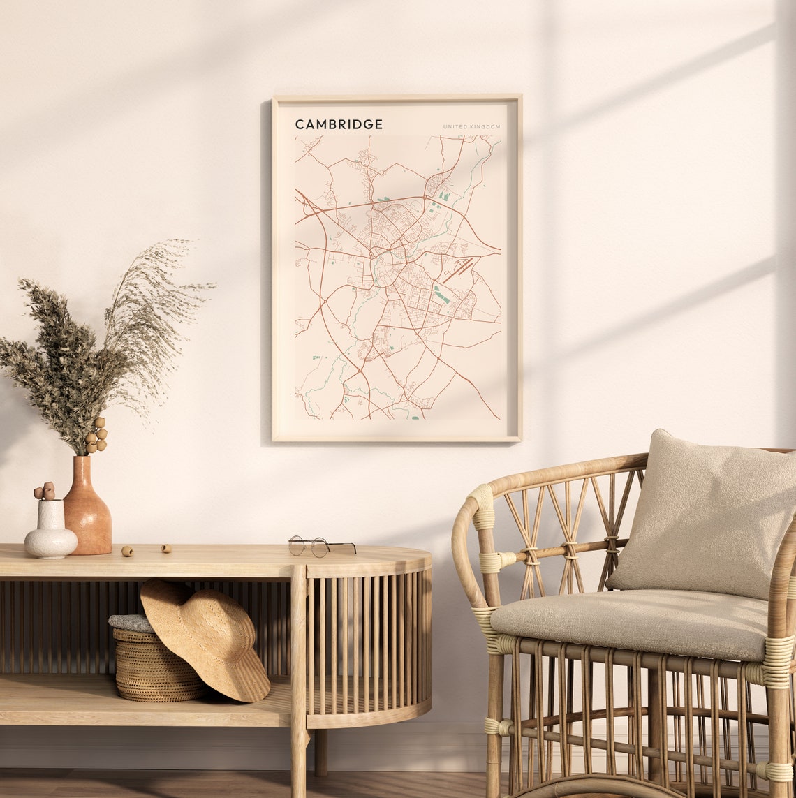 Cambridge City Map Poster Minimalist Copper Line United Kingdom Decor - Image 2
