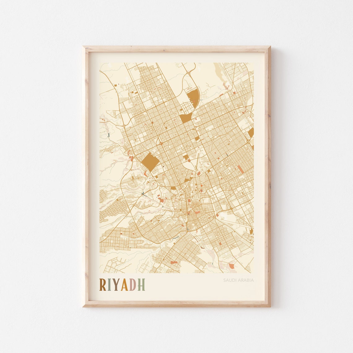 Riyadh Saudi Arabia Minimalist Street Map Poster in Boho Neutral Tones