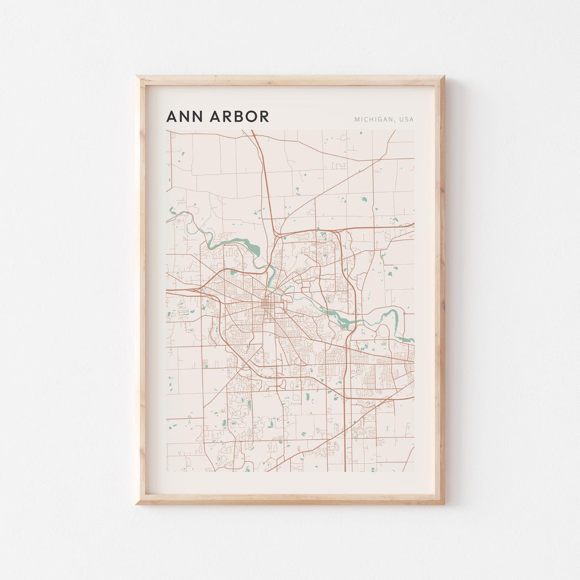 Ann Arbor Michigan USA Soft Sage Minimalist Modern Street Map Poster