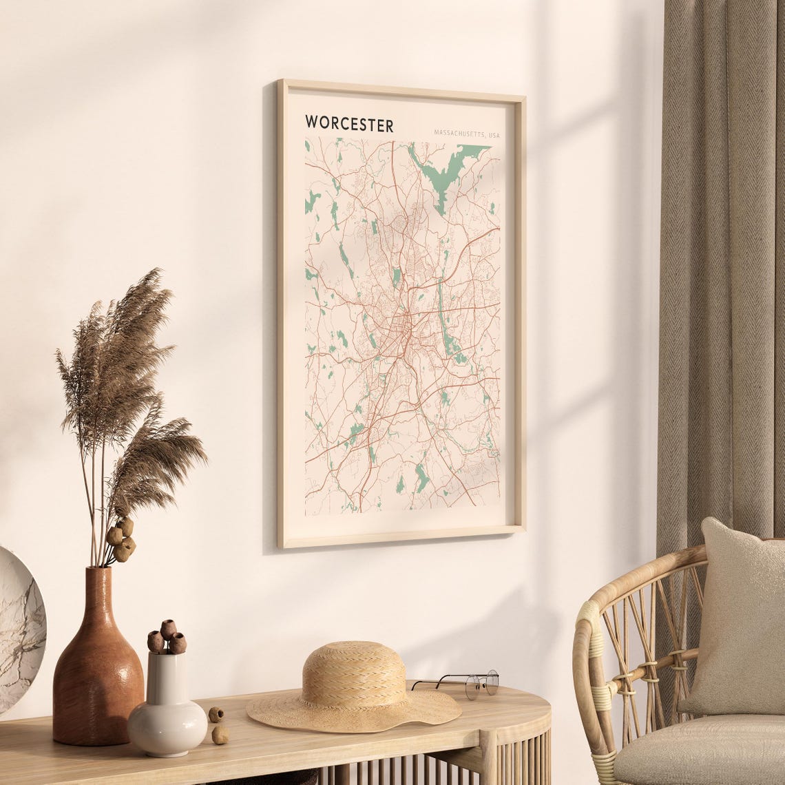 Worcester Massachusetts Modern Minimalist City Street Map Art Poster - Image 3