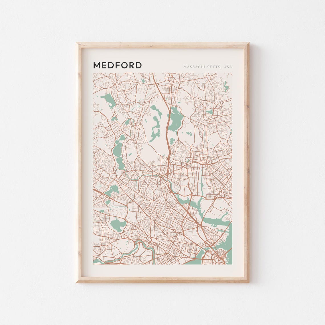 Medford Massachusetts USA Minimalist Sage Green City Street Map Poster