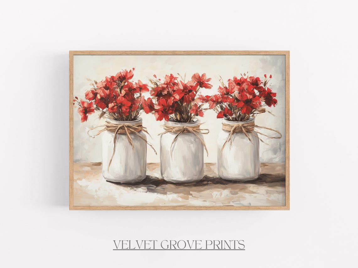 Red Wildflowers in Three Mason Jars Rustic Farmhouse Style Poster