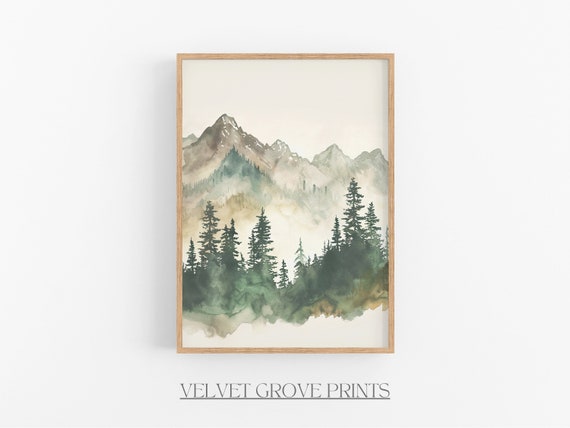 Watercolor Mountain Print Vintage Pine Tree Landscape