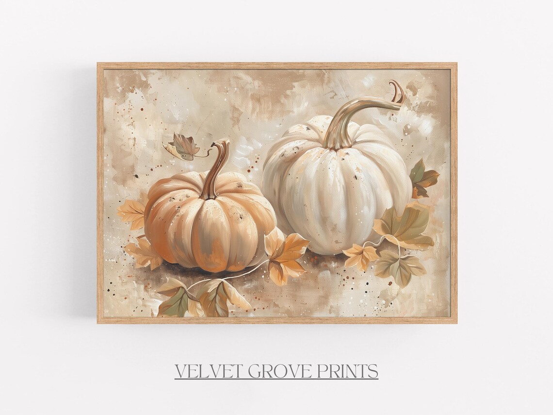 White Pumpkins Vintage Autumn Oil Painting Print