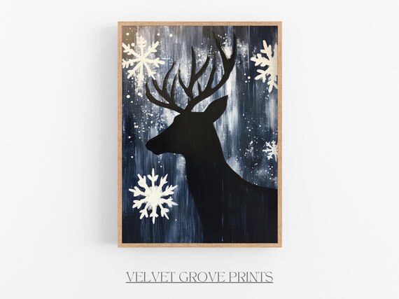 Deer Silhouette With Antlers Snowflakes Winter Navy Blue Wall Art