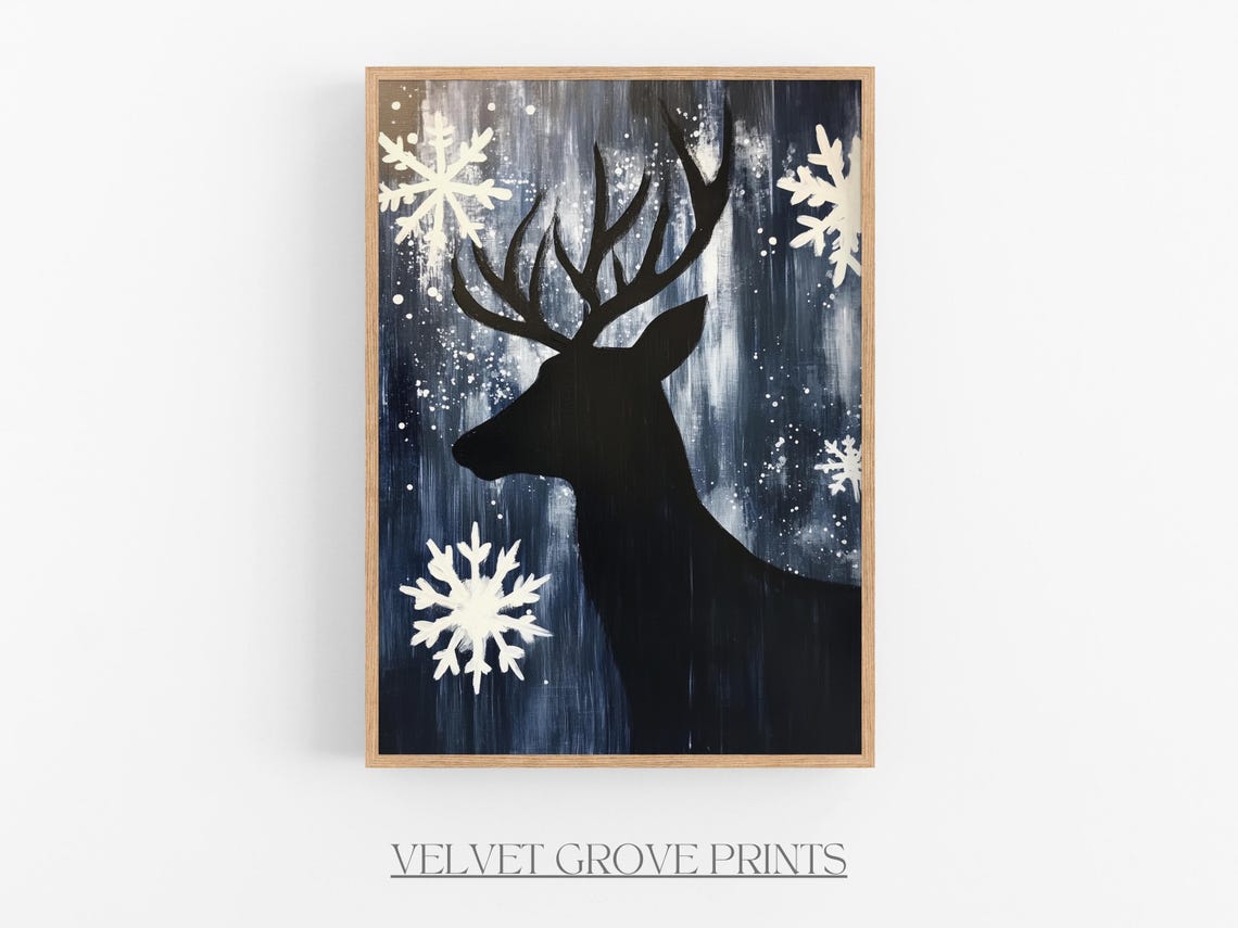 Deer Silhouette With Antlers Snowflakes Winter Navy Blue Wall Art