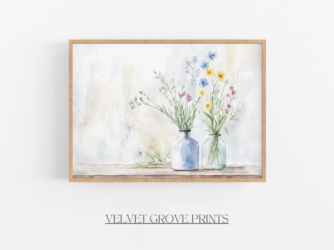 Soft Pastel Wildflower Watercolor Two Vases Botanical Art Poster
