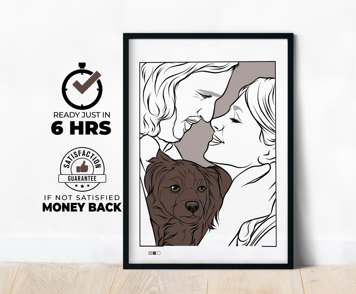 Custom Couple Line Drawing with Dog Portrait Illustration Poster