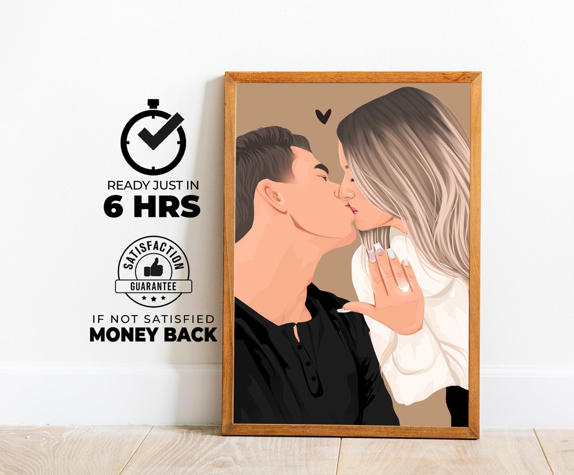 Couple Kiss Showing Engagement Ring Heart Custom Portrait Poster