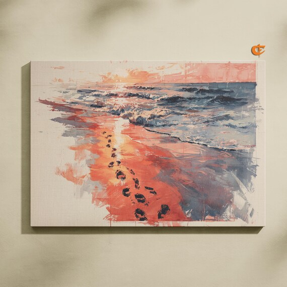Sunset Beach Footprints Watercolor Shoreline Coral Waves Poster
