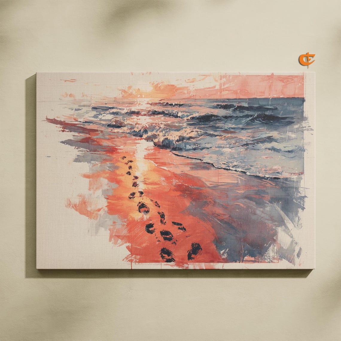 Sunset Beach Footprints Watercolor Shoreline Coral Waves Poster