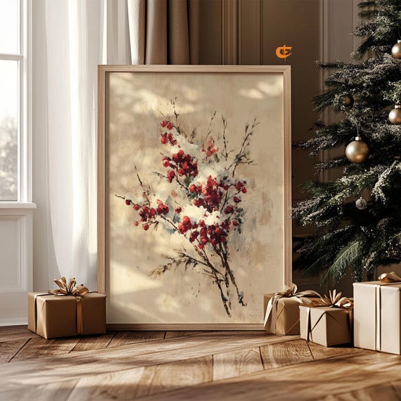 Christmasthemed Vintage Pine And Red Berries Art Festive Winter Wall Cozy Rustic Decor Watercolor Painting 1924