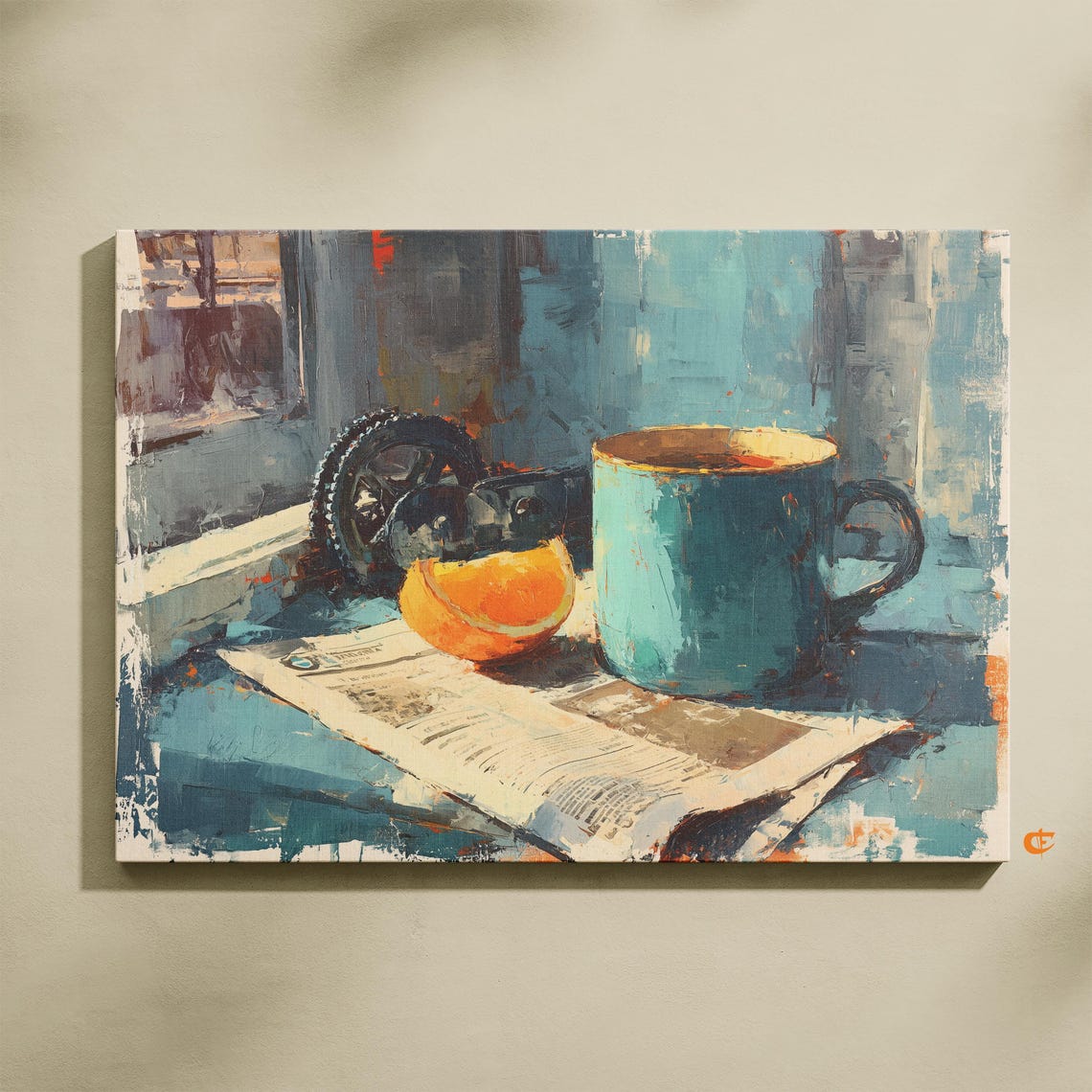Teal Mug Orange Slice Newspaper On Sunlit Windowsill Still Life Poster