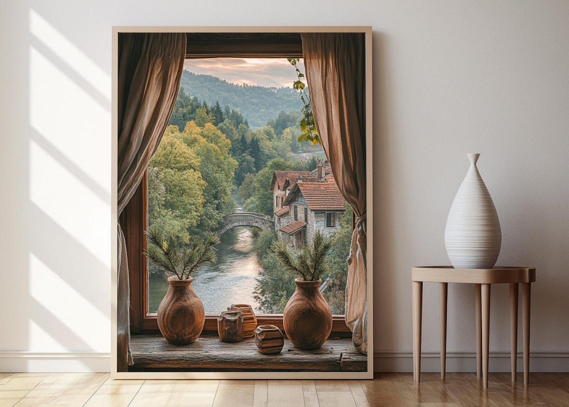 Uice Open Window View Illustration Djetinja River With Curtains And Pine Vases Art Print