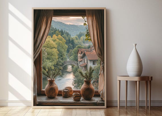 Uice Open Window View Illustration Djetinja River With Curtains And Pine Vases Art Print