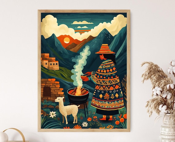 Peruvian Woman Roasting Cuy Illustration, Incan Village Art Print