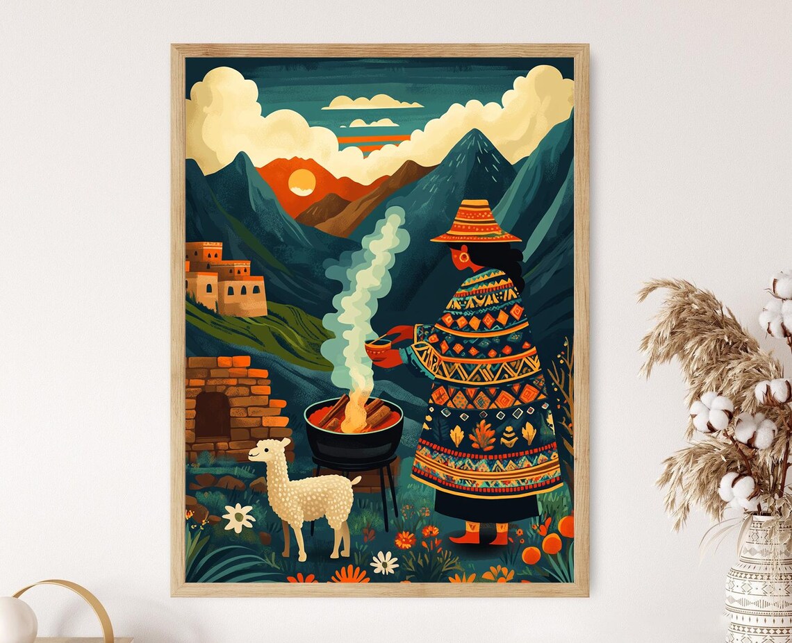 Peruvian Woman Roasting Cuy Illustration, Incan Village Art Print