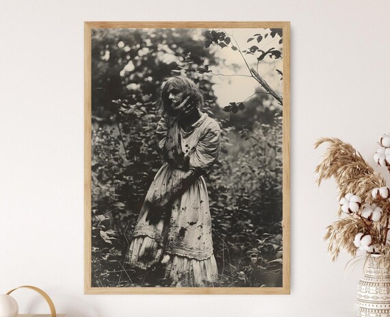 Vintage Spooky Black and White Photo of Girl in Dark Woods Poster