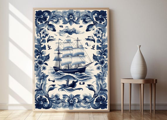 Delftware Nautical Pattern Art Traditional Blue And White Tile Design Print