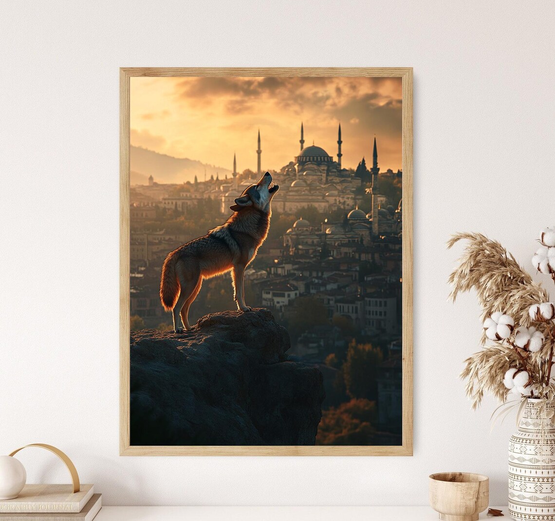 Bozkurt Grey Wolf Howling Over Istanbul Mosques Sunset Poster