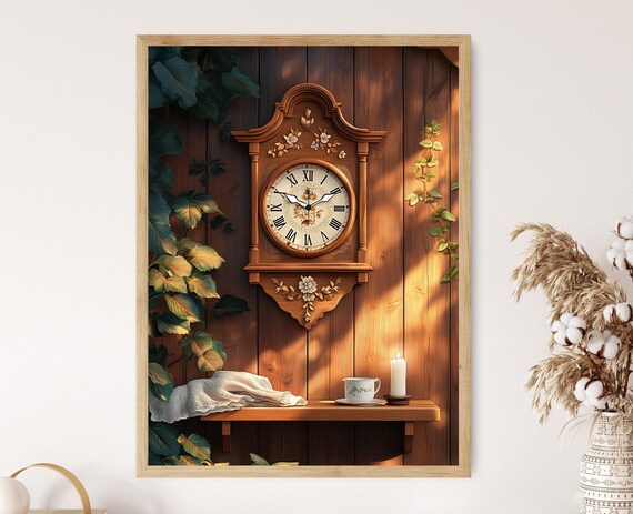 Hedebo Wooden Clock Illustration Danish Folk Art Traditional Nordic Decor