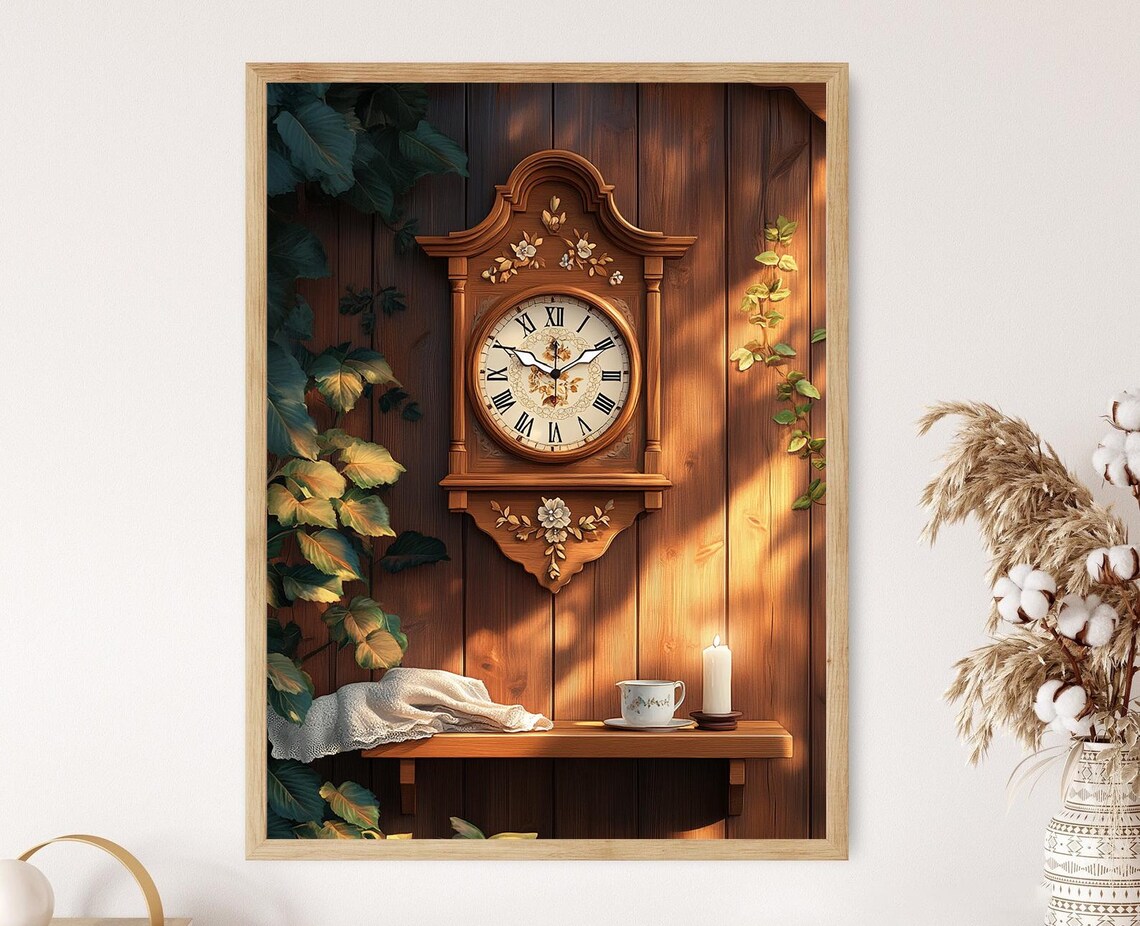 Hedebo Wooden Clock Illustration Danish Folk Art Traditional Nordic Decor